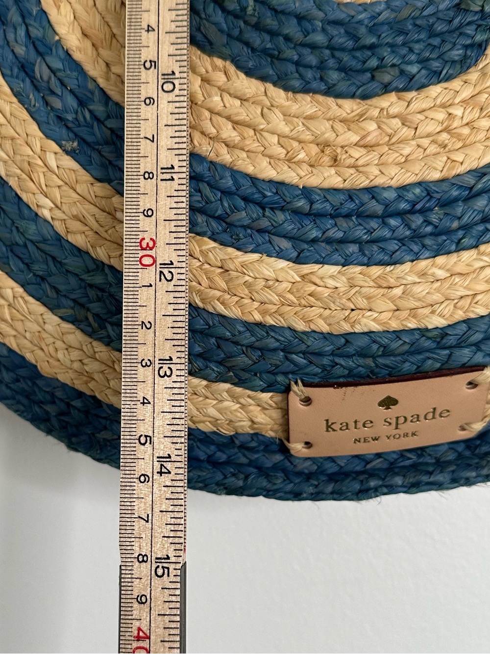 Kate Spade Round Raffia Straw Tote Blue Natural Woven Circle Bag 15” Rare - Picture 14 of 14